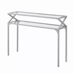 12" x 42" x 32" Silver Metal and Clear Tempered Glass Accent Table (Pack of 1)